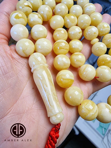 White With Yellow Amber Round Shape 14mm Islamic Rosary Beads