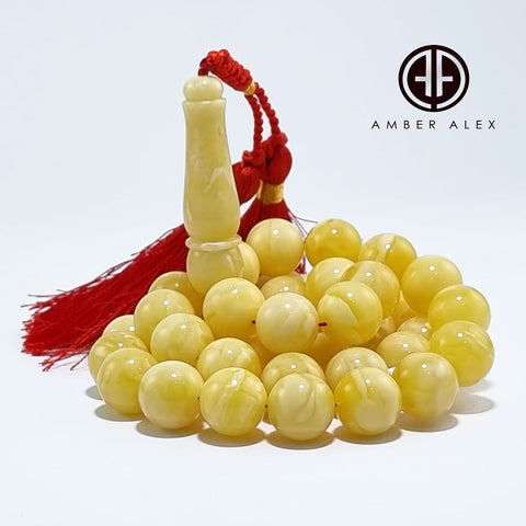 White With Yellow Amber Round Shape 14mm Islamic Rosary Beads