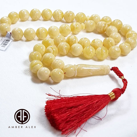 White With Yellow Amber Round Shape 14mm Islamic Rosary Beads