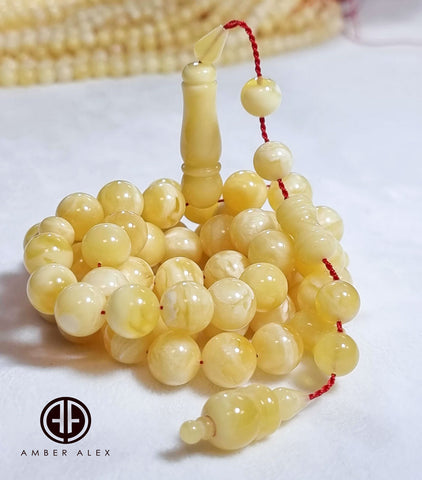 White With Yellow Amber Round Shape 11.5mm Islamic Prayer Beads