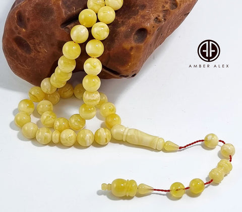 White With Yellow Amber Round Shape 11.5mm Islamic Prayer Beads