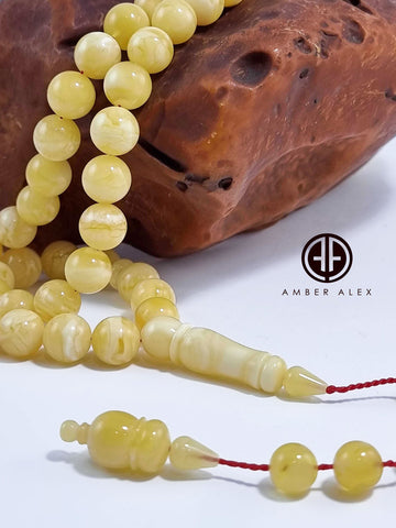 White With Yellow Amber Round Shape 11.5mm Islamic Prayer Beads