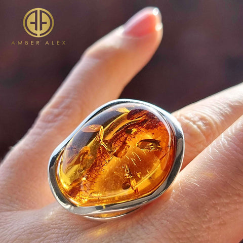 Cognac Amber Free Shape Adjustable Ring Sterling Silver