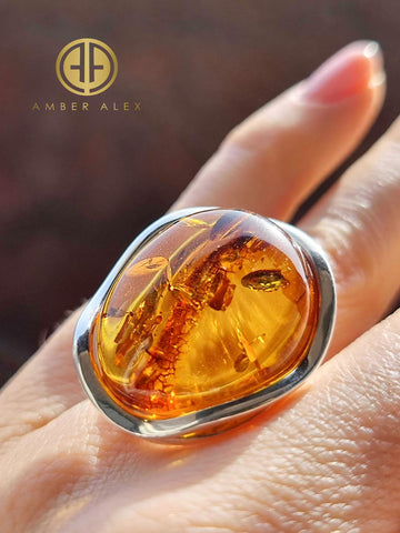 Cognac Amber Free Shape Adjustable Ring Sterling Silver