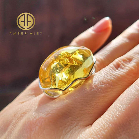 Lemon Amber Free Shape Adjustable Ring Sterling Silver