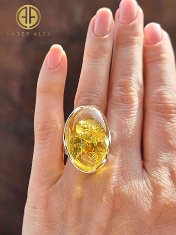 Lemon Amber Free Shape Adjustable Ring Sterling Silver