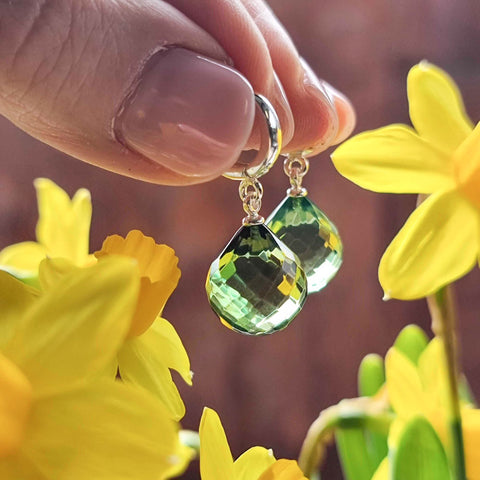 Green Amber Faceted Drop Dangle Earrings Sterling Silver