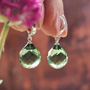 Green Amber Faceted Drop Dangle Earrings Sterling Silver