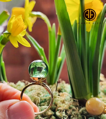 Green Amber Round Bead Adjustable Ring 14K Gold Plated