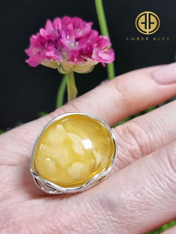 Milky Amber Free Shape Adjustable Ring Sterling Silver