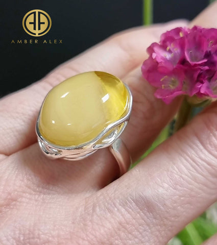 Milky Amber Free Shape Adjustable Ring Sterling Silver