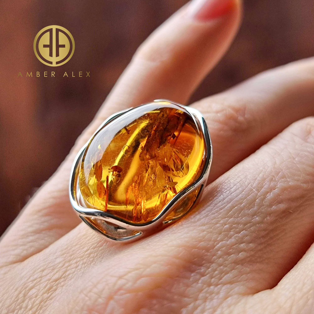 Cognac Amber Free Shape Adjustable Ring Sterling Silver