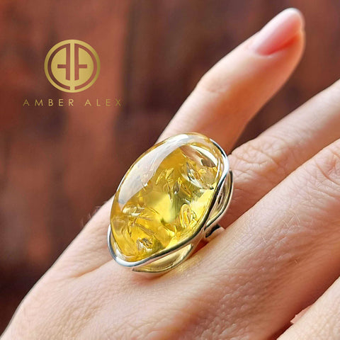 Lemon Amber Free Shape Adjustable Ring Sterling Silver