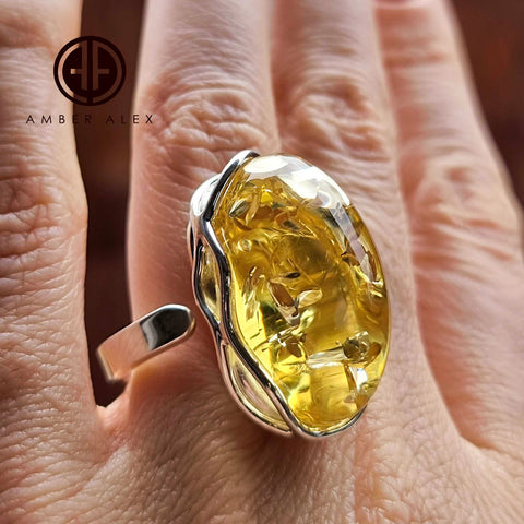 Lemon Amber Free Shape Adjustable Ring Sterling Silver