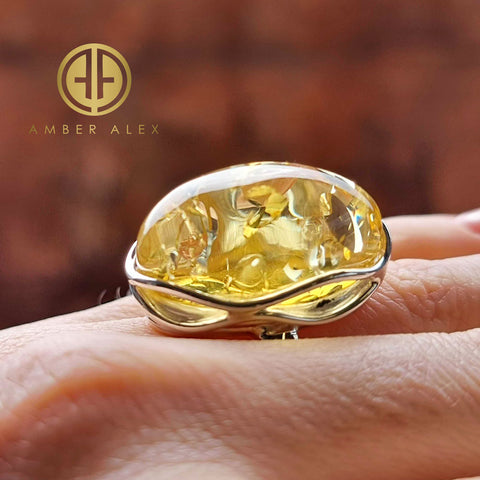 Lemon Amber Free Shape Adjustable Ring Sterling Silver