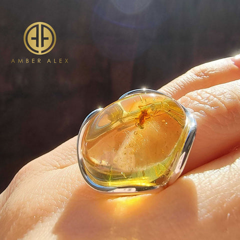 Natural Amber Free Shape Bead Adjustable Ring Sterling Silver With Insect