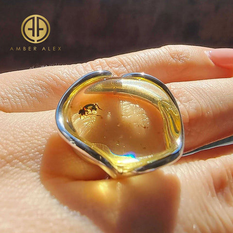 Natural Amber Free Shape Bead Adjustable Ring Sterling Silver With Insect