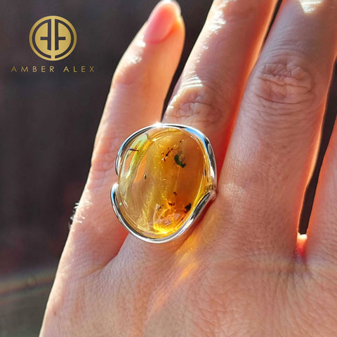 Natural Amber Free Shape Bead Adjustable Ring Sterling Silver With Insect