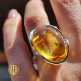 Natural color Amber Free Shape Bead Adjustable Ring Sterling Silver With Insect