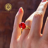 Red Amber Round Bead Adjustable Ring 14K Gold Plated