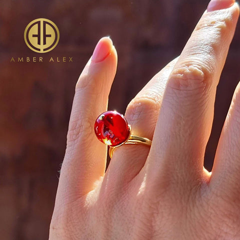 Red Amber Round Bead Adjustable Ring 14K Gold Plated