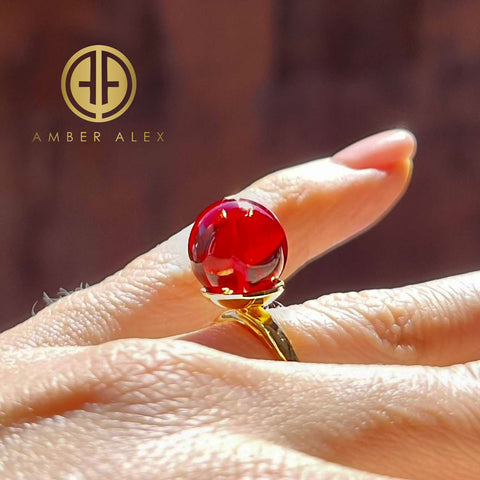 Red Amber Round Bead Adjustable Ring 14K Gold Plated