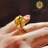Lemon With Dark Flakes Amber Round Bead Adjustable Ring 14K Gold Plated