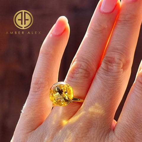 Lemon With Dark Flakes Amber Round Bead Adjustable Ring 14K Gold Plated