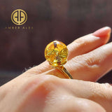 Lemon With Dark Flakes Amber Round Bead Adjustable Ring 14K Gold Plated