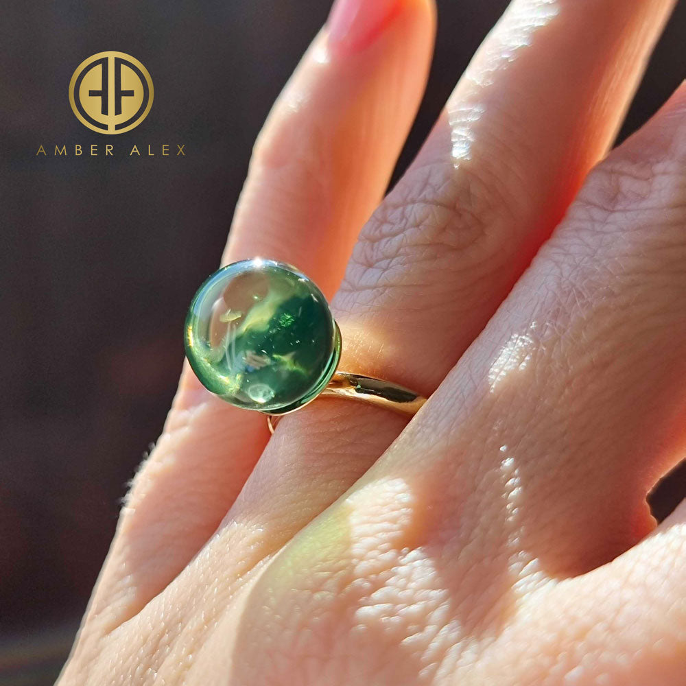 Green Amber Round Bead Adjustable Ring 14K Gold Plated