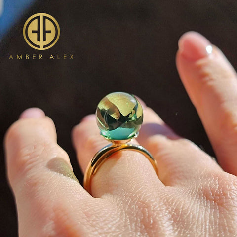 Green Amber Round Bead Adjustable Ring 14K Gold Plated