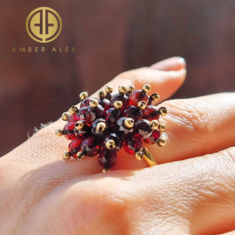 Cherry Amber Faceted Round Bead Ring 14K Gold Plated