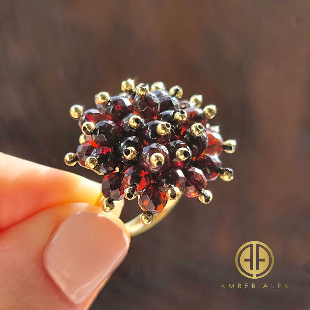 Cherry Amber Faceted Round Bead Ring 14K Gold Plated