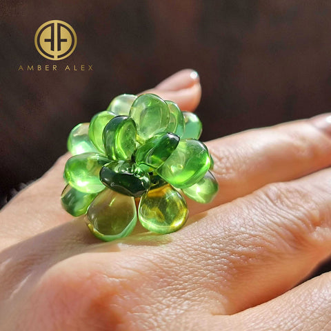 Green Amber Drop Beads Ring 14K Gold Plated