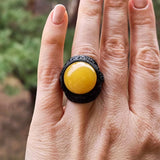Milky Amber & Leather Adjustable Ring