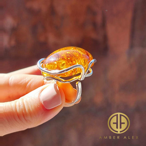 Cognac Amber Free Shape Adjustable Ring Sterling Silver