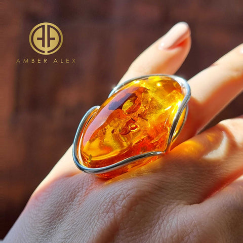 Cognac Amber Free Shape Adjustable Ring Sterling Silver