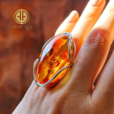 Cognac Amber Free Shape Adjustable Ring Sterling Silver