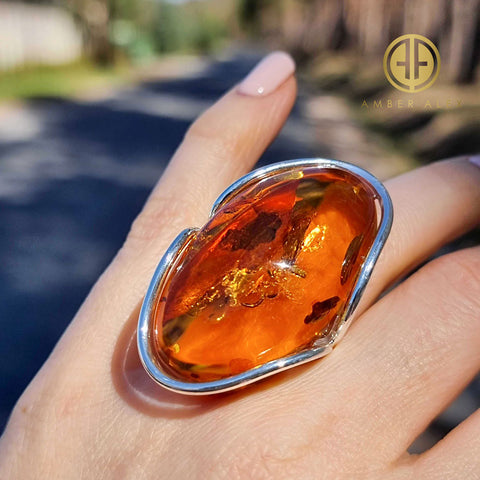 Cognac Amber Free Shape Adjustable Ring Sterling Silver