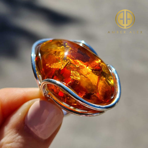 Cognac Amber Free Shape Adjustable Ring Sterling Silver