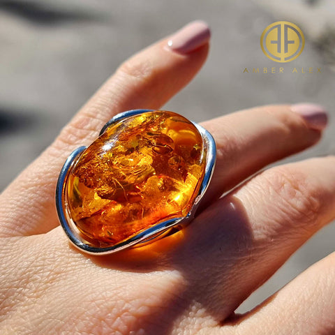 Cognac Amber Free Shape Adjustable Ring Sterling Silver