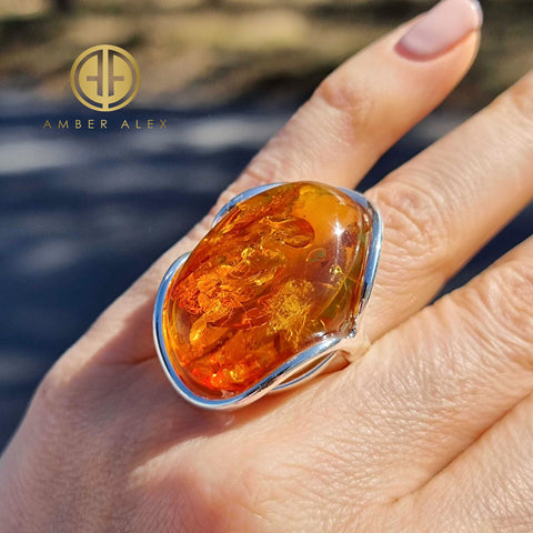 Cognac Amber Free Shape Adjustable Ring Sterling Silver