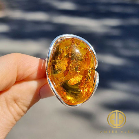 Cognac Amber Free Shape Adjustable Ring Sterling Silver