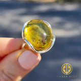 Green Amber Free Shape Bead Adjustable Ring Sterling Silver With Insect