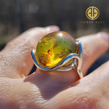 Green Amber Free Shape Bead Adjustable Ring Sterling Silver With Insect