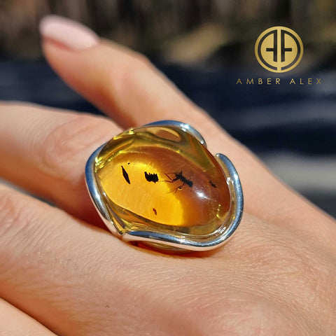 Natural Color Amber Free Shape Bead Adjustable Ring Sterling Silver With Insect