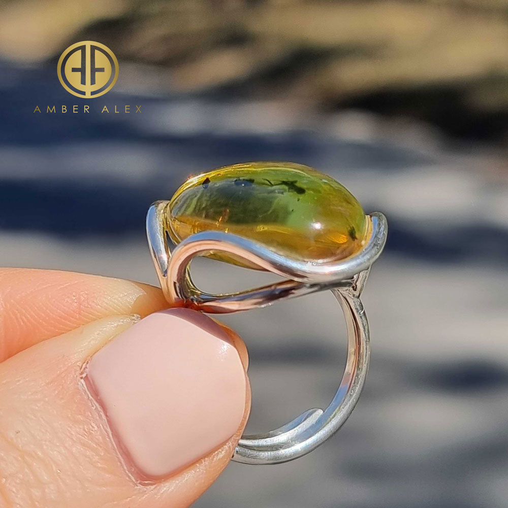 Natural Color Amber Free Shape Bead Adjustable Ring Sterling Silver With Insect