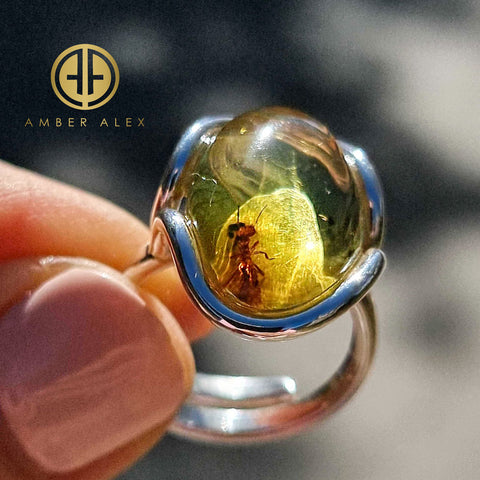 Green Amber Free Shape Bead Adjustable Ring Sterling Silver With Insect