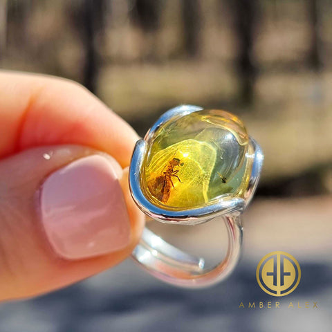 Green Amber Free Shape Bead Adjustable Ring Sterling Silver With Insect