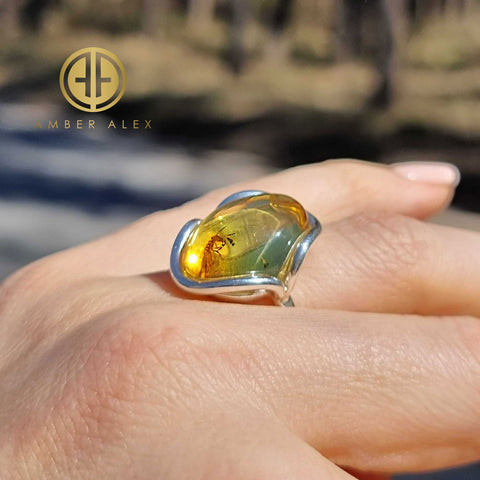 Green Amber Free Shape Bead Adjustable Ring Sterling Silver With Insect